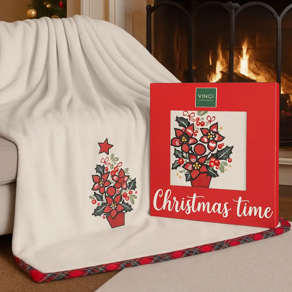 Plaid Vingi 130x180 Nuvola Panna in Scatola con Ricamo Albero di Natale Elegante