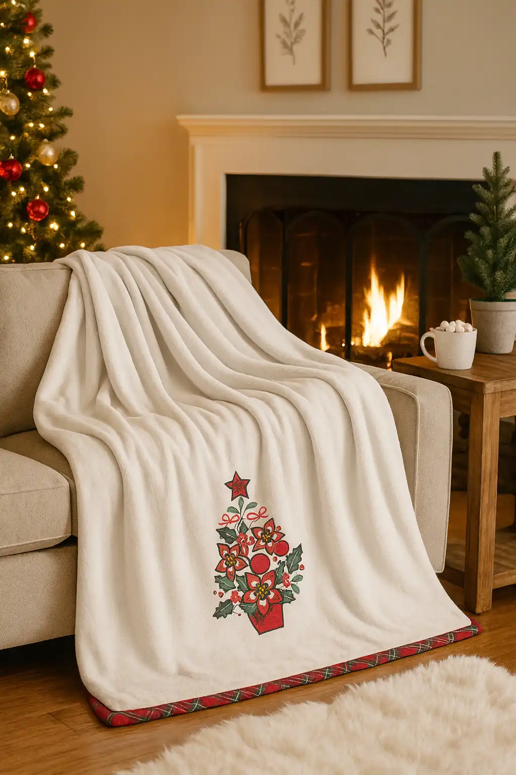 Plaid Vingi 130x180 Nuvola Panna in Scatola con Ricamo Albero di Natale Elegante