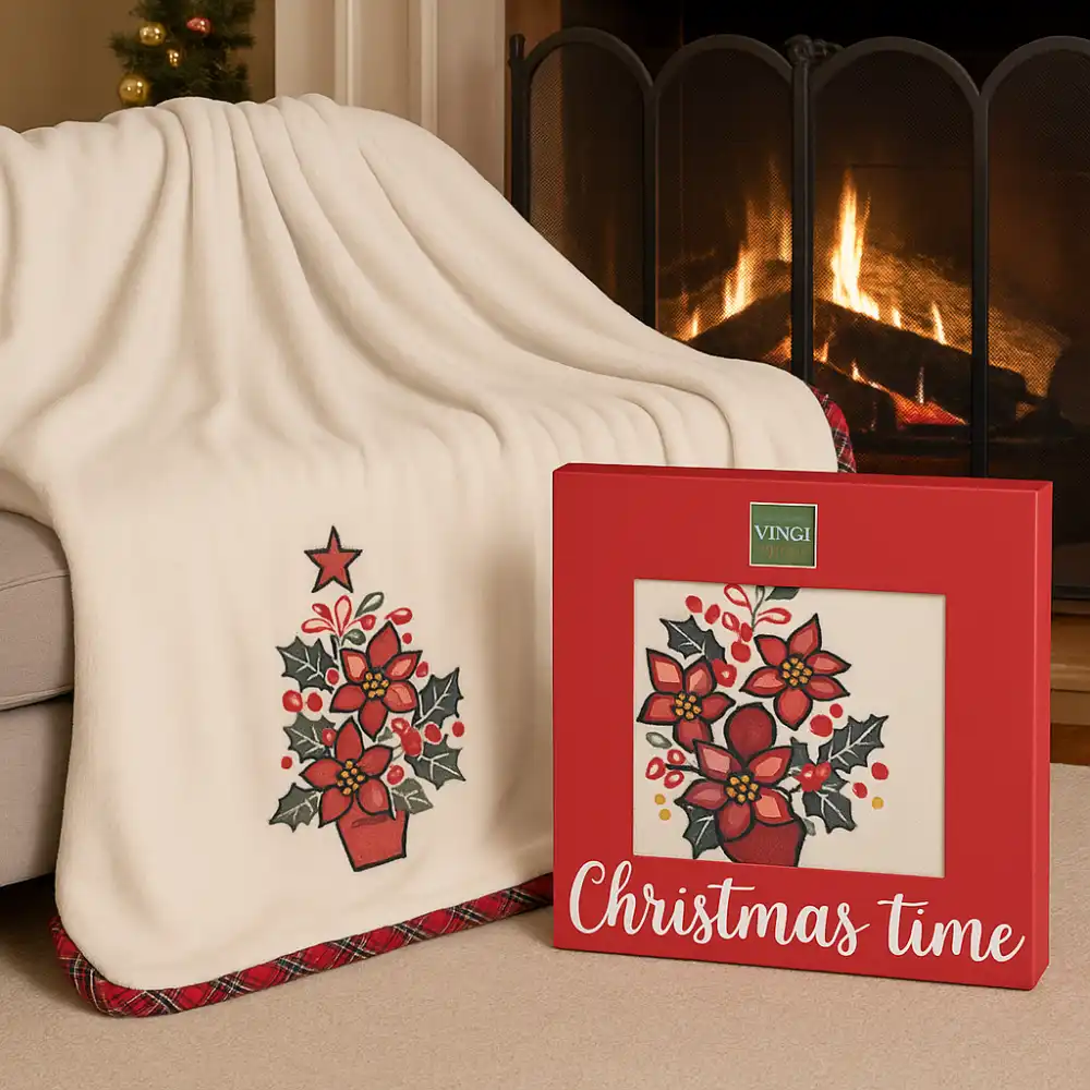 Plaid Vingi 130x180 Nuvola Panna in Scatola con Ricamo Albero di Natale Elegante