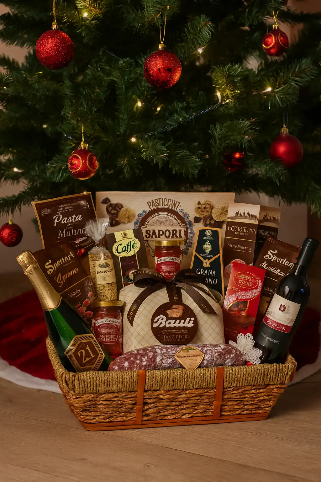 Regalidea Cesto Zaffiro 18 Pezzi Cesto Natale Gourmet Dolci Salumi Vini