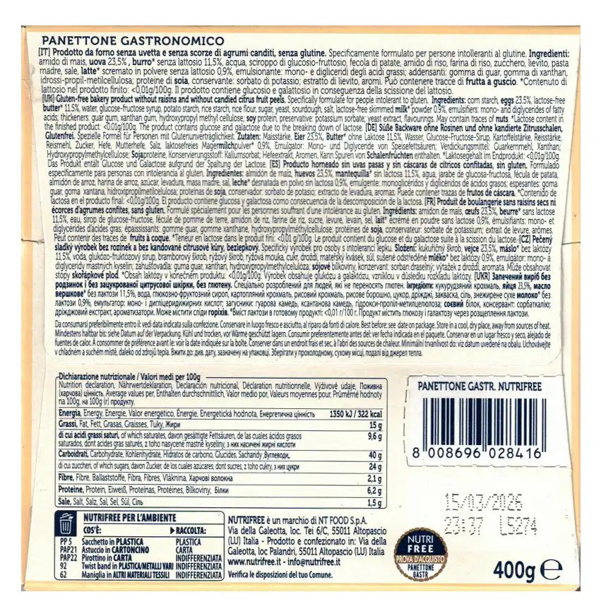 3 Pezzi Panettone Gastronomico Nutrifree 400G Senza Glutine Senza Lattosio