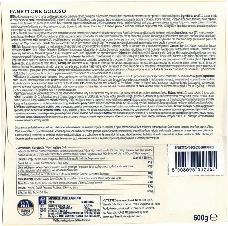 Nutri Free Panettone Gocce Cioccolato Senza Glutine E Lattosio 600g Soffice