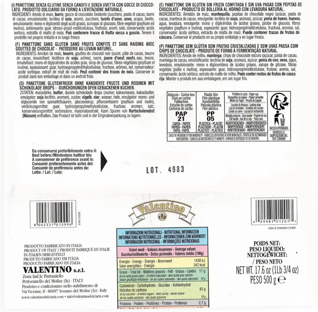 Valentino Panettone Gocce Cioccolato Senza Glutine Gluten Free 500g Soffice