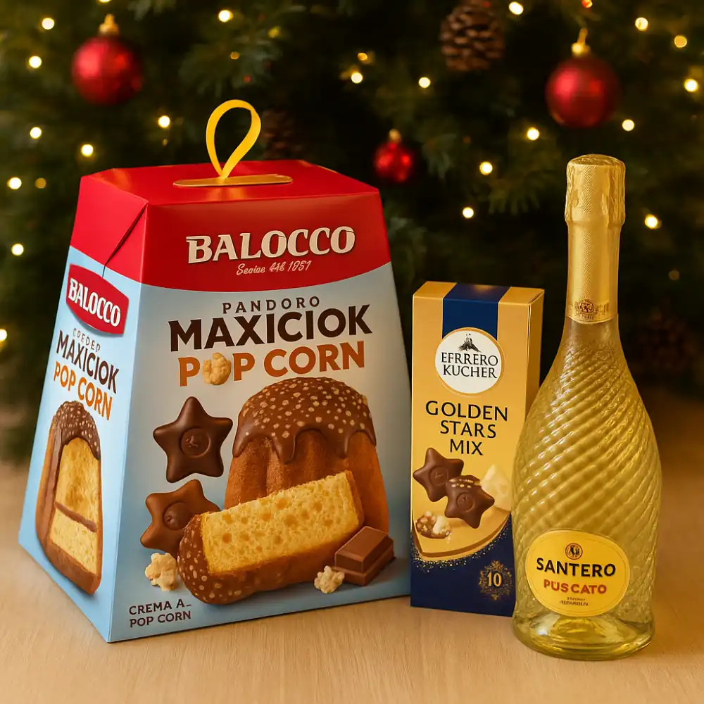 Box Regalo Natalizia Spumante Moscato + Pandoro Maxiciok + Golden Stars Mix