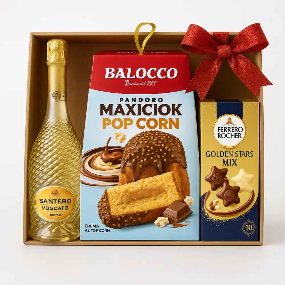 Box Regalo Natalizia Spumante Moscato + Pandoro Maxiciok + Golden Stars Mix