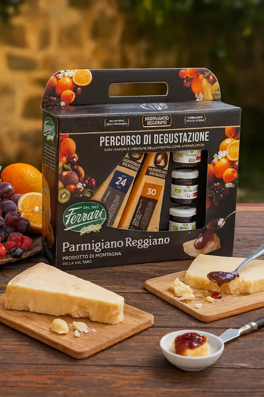 Confezione Parmigiano Reggiano 24/30 Mesi con 3 Vasetti Fior di Frutta