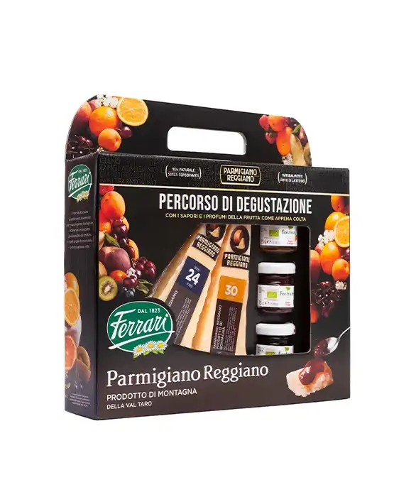 Confezione Parmigiano Reggiano 24/30 Mesi con 3 Vasetti Fior di Frutta