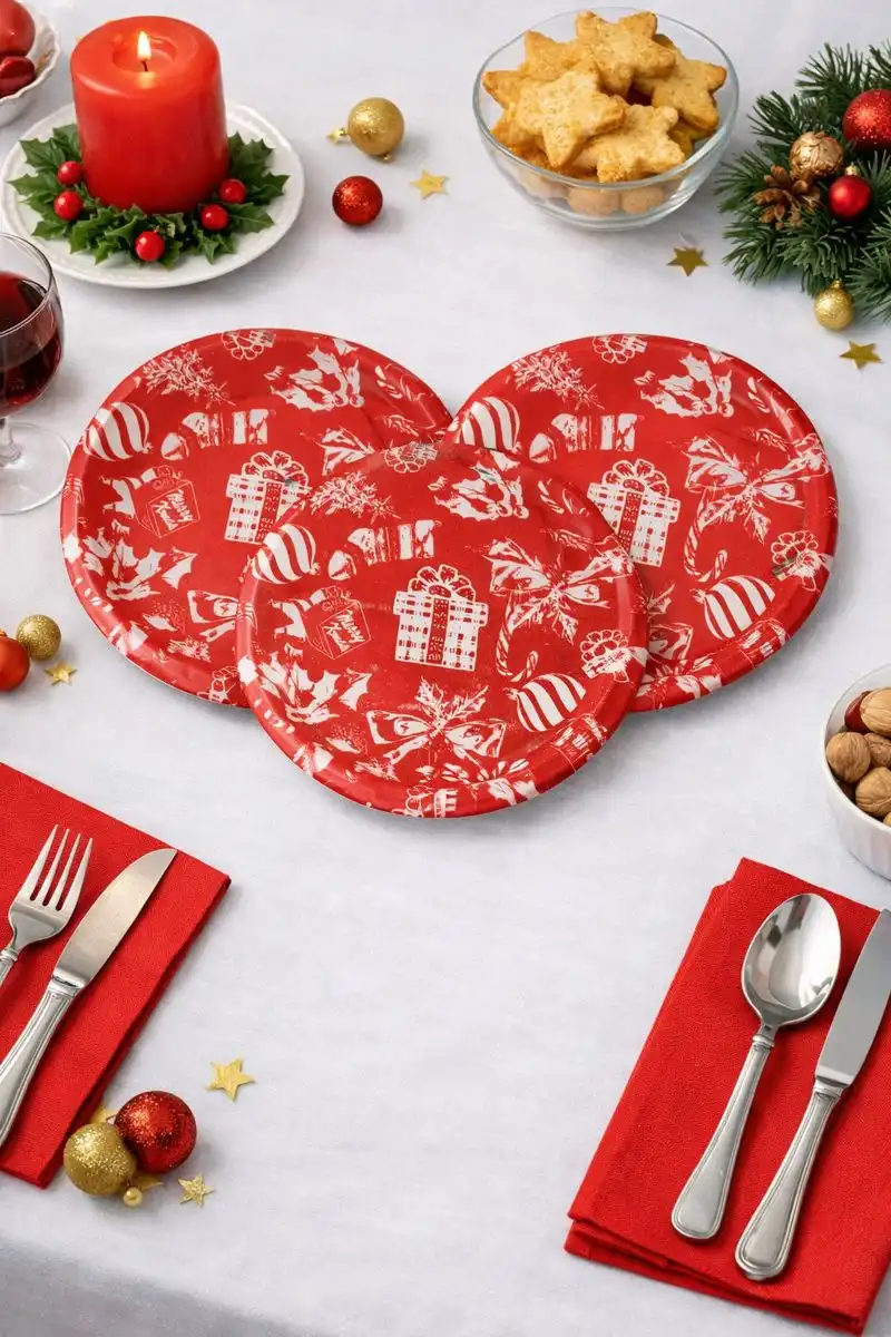 Servizio Piatti 18 Pezzi Porcellana Natale Rosso Tema Festive Tavola Festiva