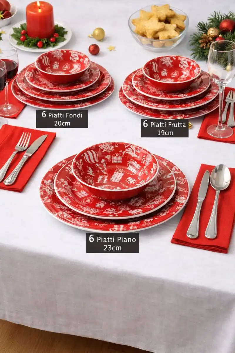 Servizio Piatti 18 Pezzi Porcellana Natale Rosso Tema Festive Tavola Festiva