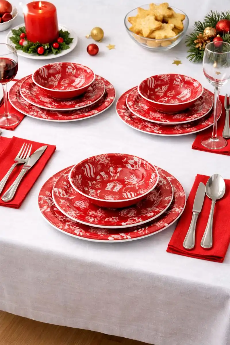 Servizio Piatti 18 Pezzi Porcellana Natale Rosso Tema Festive Tavola Festiva