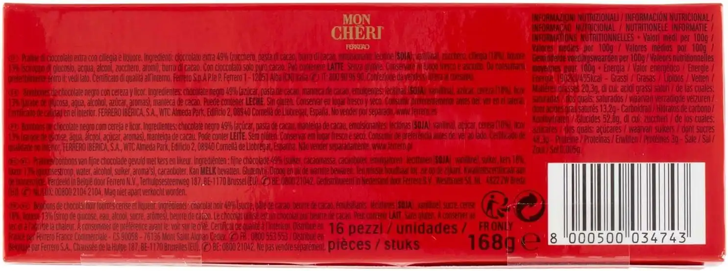 Ferrero Mon Chèri Praline Cioccolato e Ciliegia al Liquore 168 g 16 Pezzi