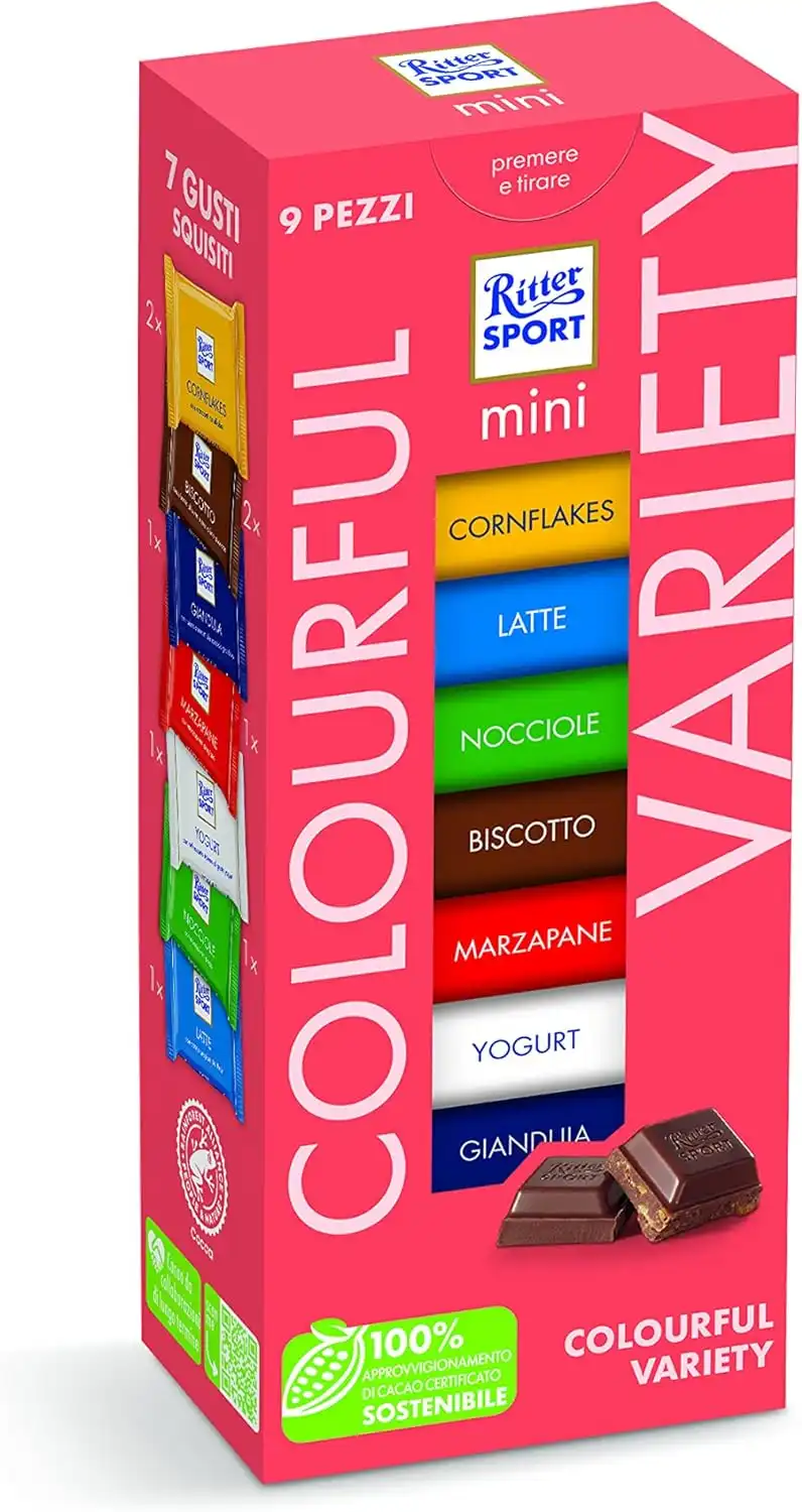 8 Pezzi Ritter Sport Mini Tower Colourful Mix Cioccolatini 150 g