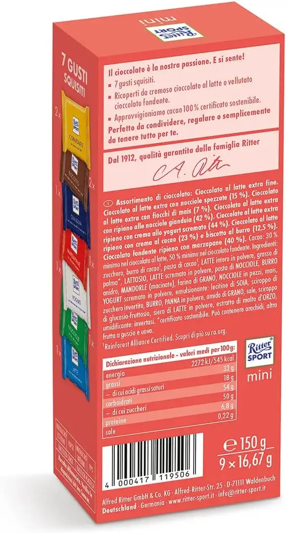 8 Pezzi Ritter Sport Mini Tower Colourful Mix Cioccolatini 150 g