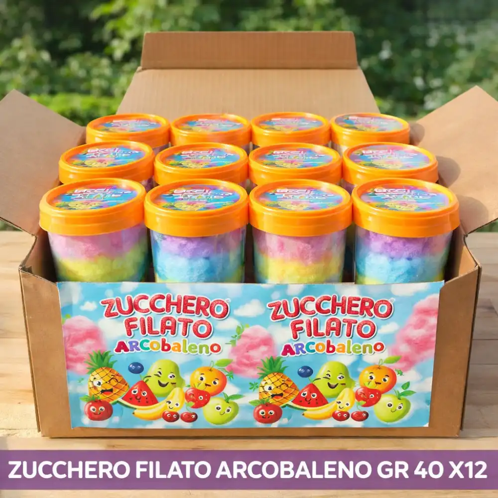 Zucchero Filato Arcobaleno Tutti Frutti Barattolo 40 g Confezione 12 Pezzi