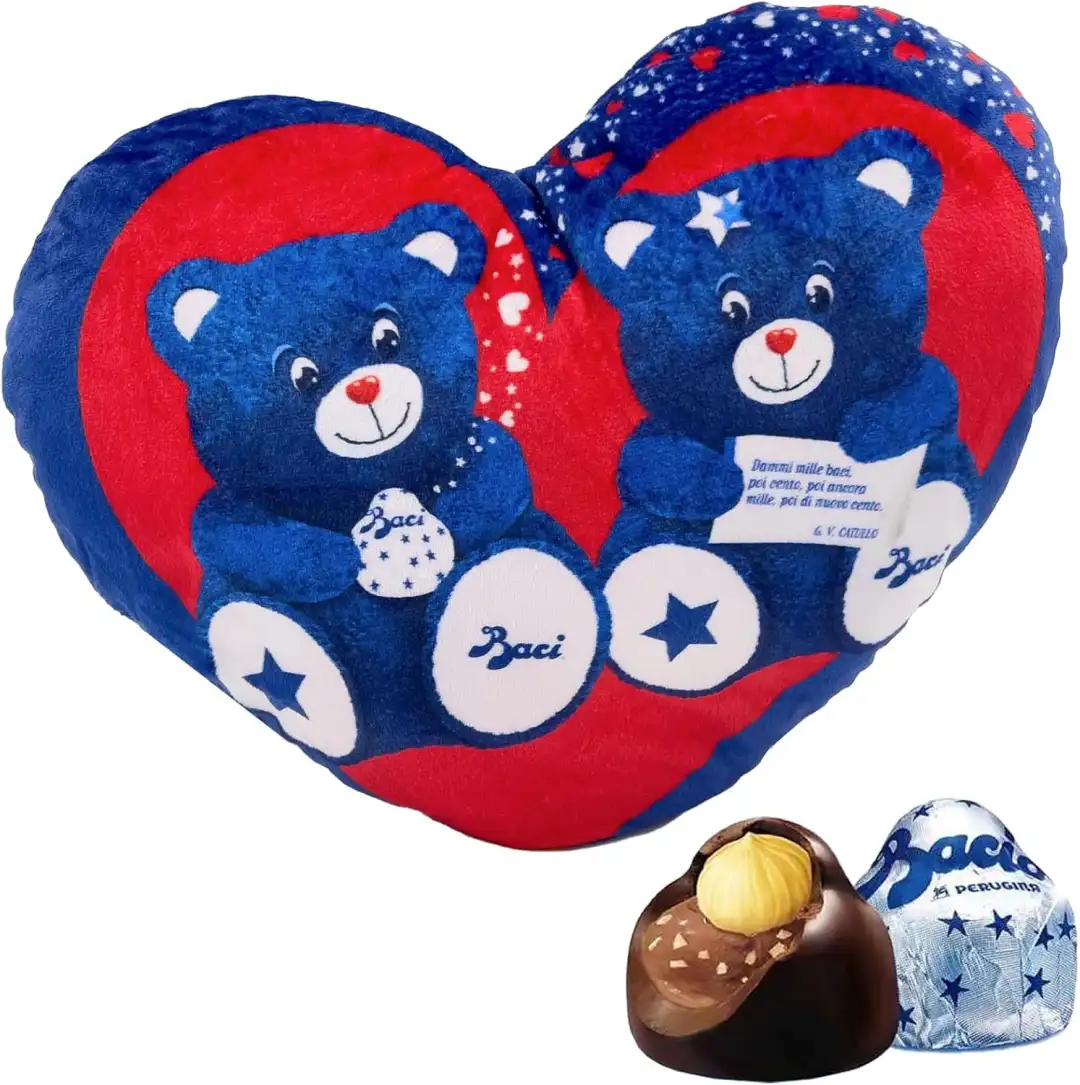 Baci Perugina Cuscino Cuore Orsetti Peluche con Zip Cioccolatini Fondente 75 g