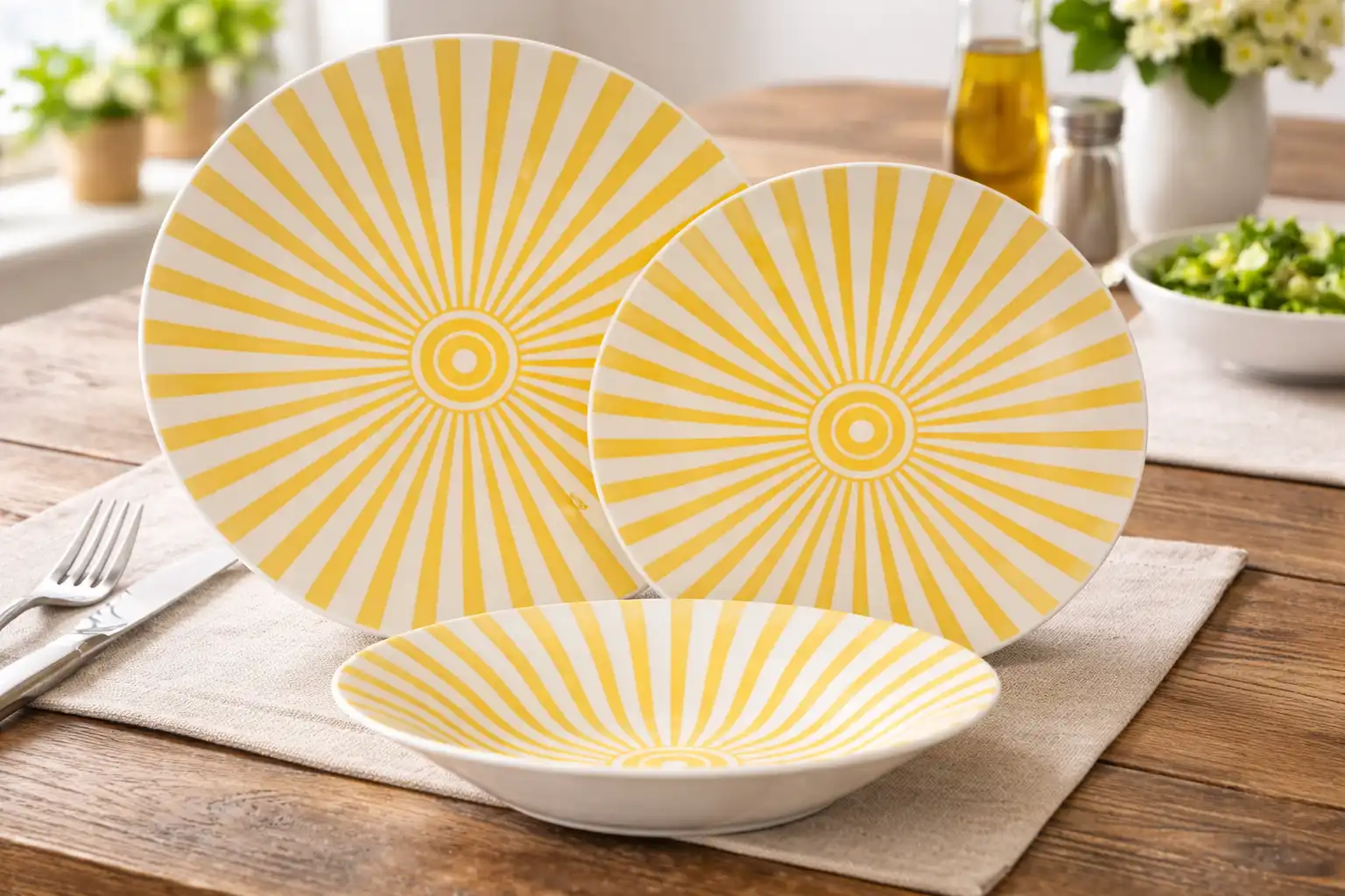 Servizio Piatti 18 Pezzi Giallo Design Raggi di Sole Ceramica Set Per 6 Persone