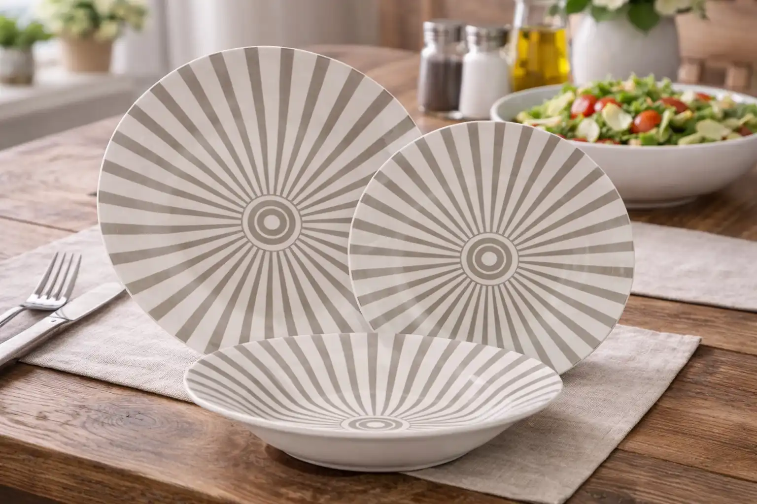 Servizio Piatti 18 Pezzi Tortora Design Raggi di Sole Ceramica Set Per 6 Persone