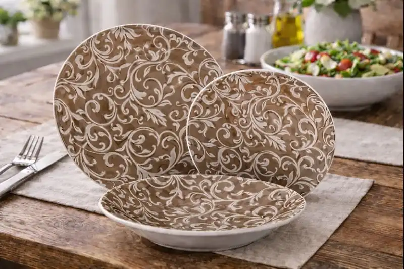 Servizio Piatti 18 Pezzi Glamour Marrone Ceramica Decorata Floreale