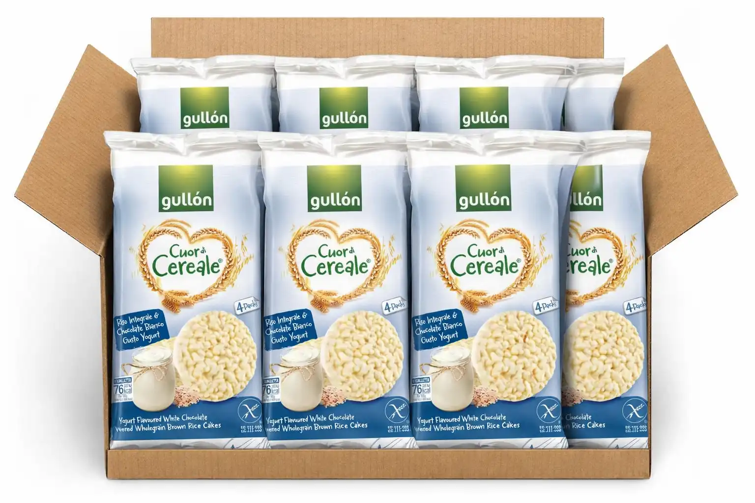 8X Gullon Cuor di Cereale Gallette Riso Integrale Cioccolato Bianco 125g