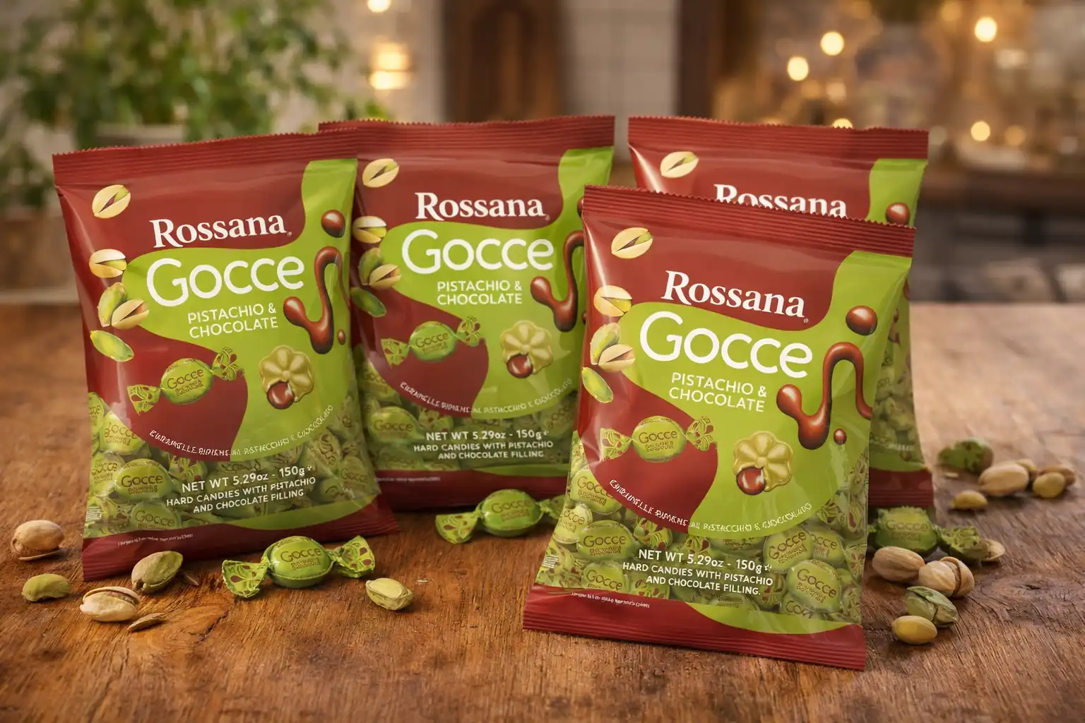 4 Buste Rossana Gocce Pistacchio e Cioccolato 150g Caramelle Ripiene Originali