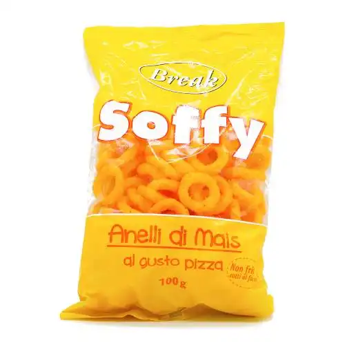 20 Pezzi Soffy Anelli di Mais Gusto Pizza 100g Snack Salato Scorta
