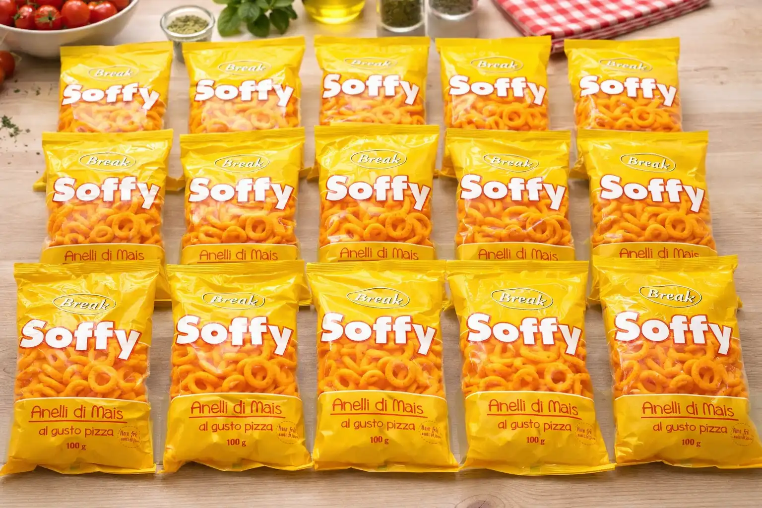 20 Pezzi Soffy Anelli di Mais Gusto Pizza 100g Snack Salato Scorta