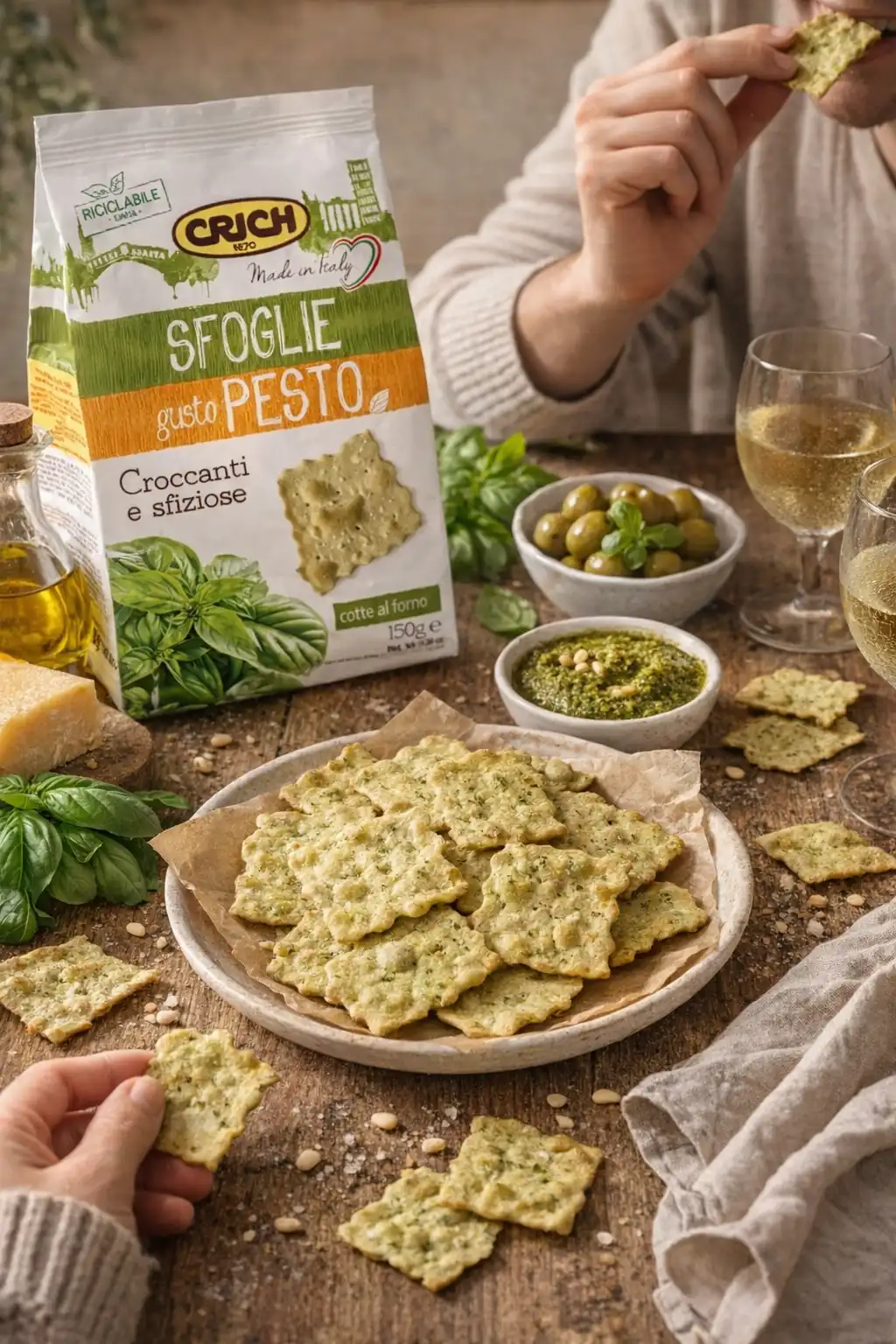12 Pezzi Crich Sfoglie Crackers Gusto Pesto 150 g Cotte al Forno