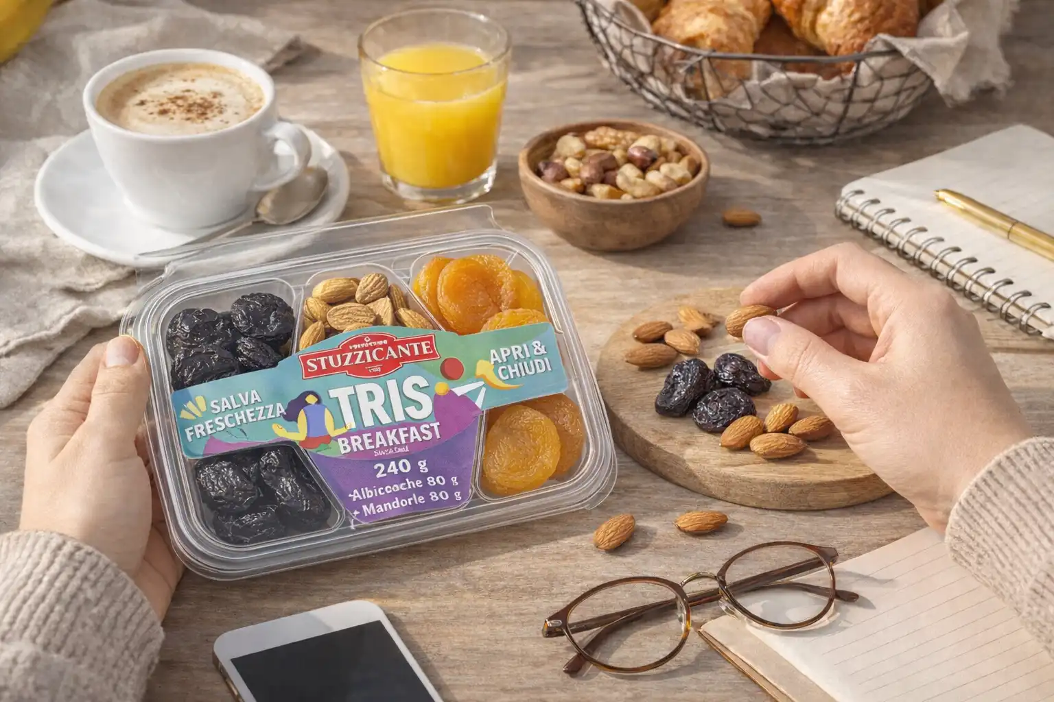 Tris Colazione 240g Albicocche Prugne Mandorle Snack Naturale Energia Mix