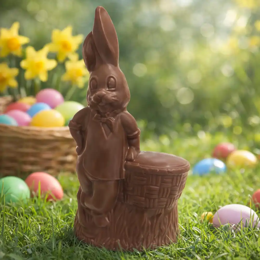 Coniglio Cioccolato 600g Appoggiato al Cesto Latte Pasqua Edizione 2026