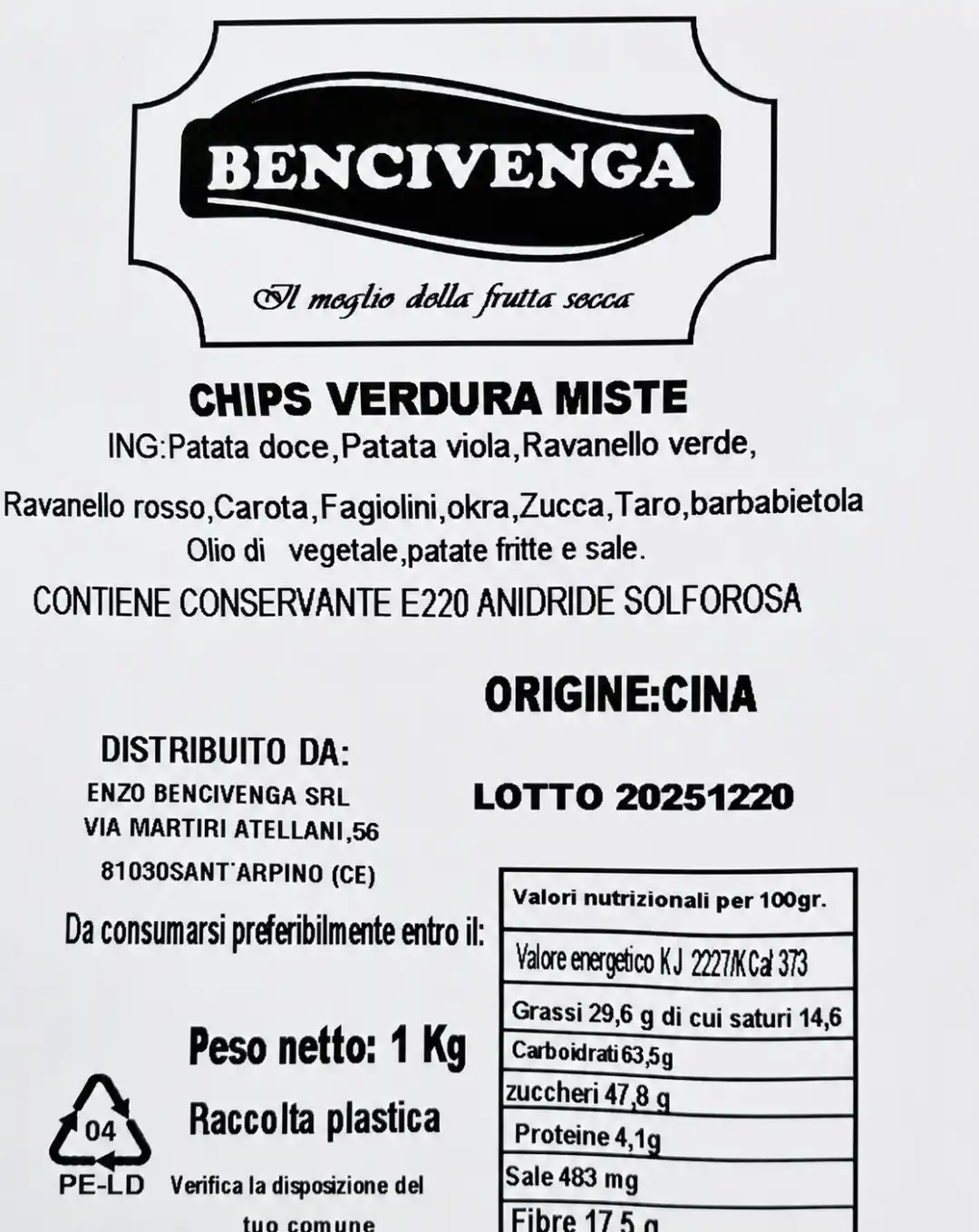 Bencivenga Verdura e Frutta Chips Mix Croccante Snack Gourmet 1 Kg