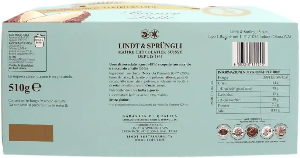 Lindt Noccior Uovo Bianco Latte 510g Nocciola Piemonte IGP