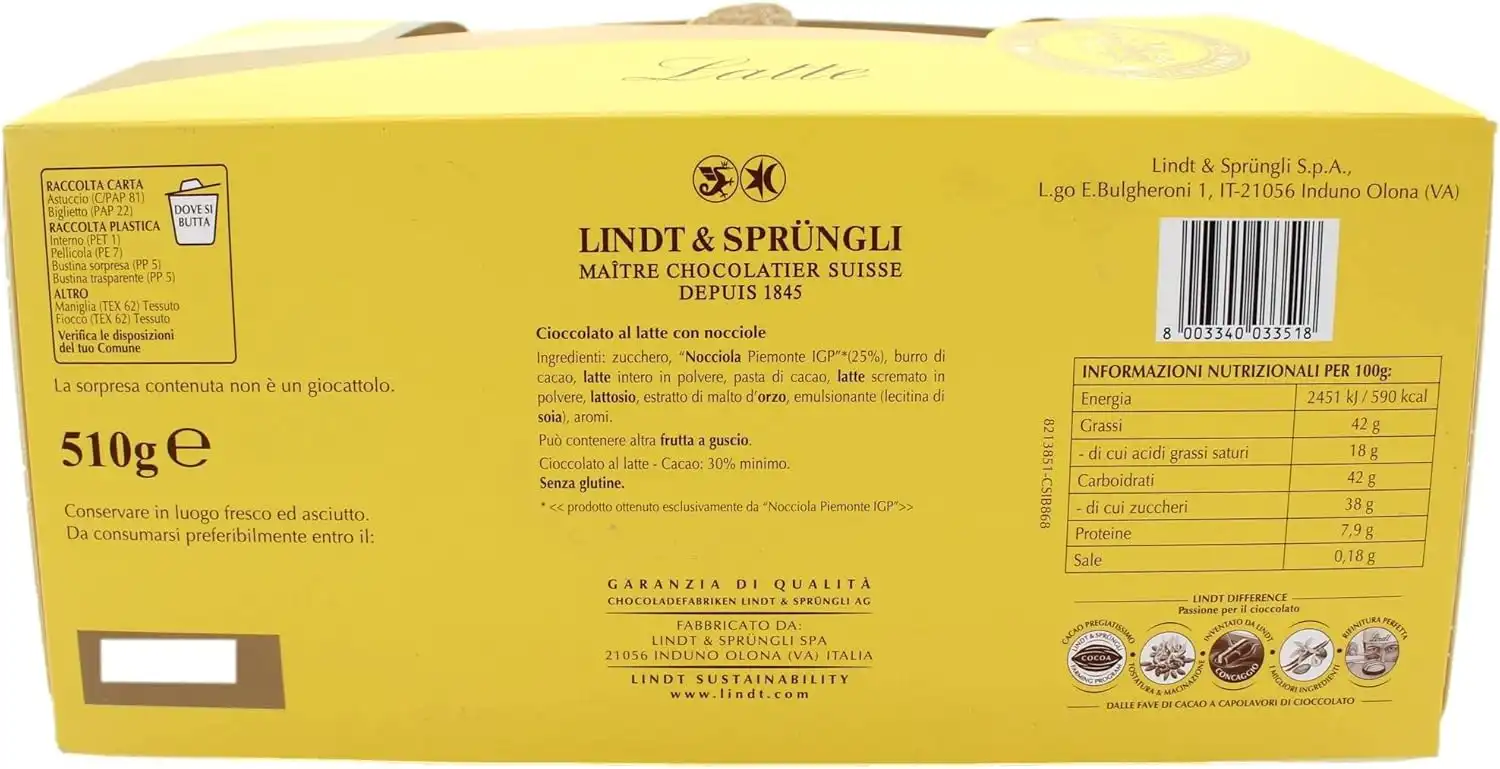 Lindt Uovo Pasqua 2026 Noccior Latte Nocciole Piemonte IGP 510g