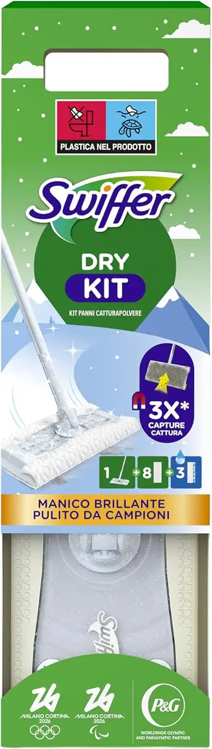 Swiffer Starter Kit Catturapolvere Scopa + 8 Panni Dry + 3 Panni Wet Pavimenti