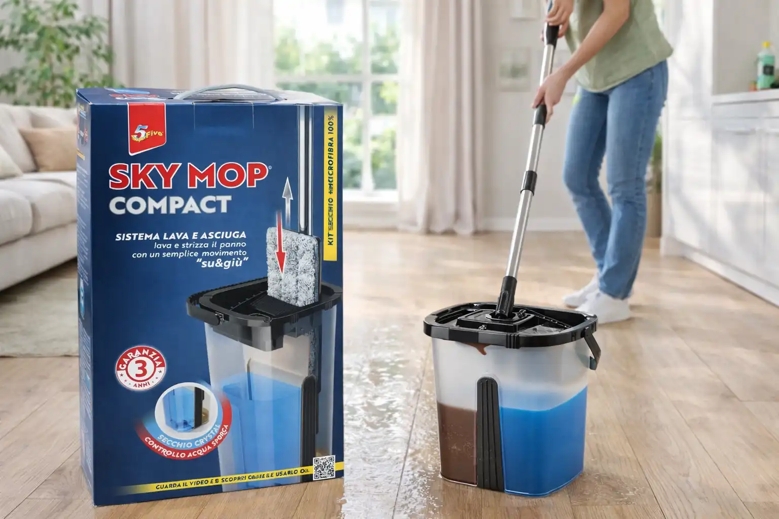 Sky Mop Compact Sistema Lavapavimenti Secchio Mop Microfibra Lava Asciuga