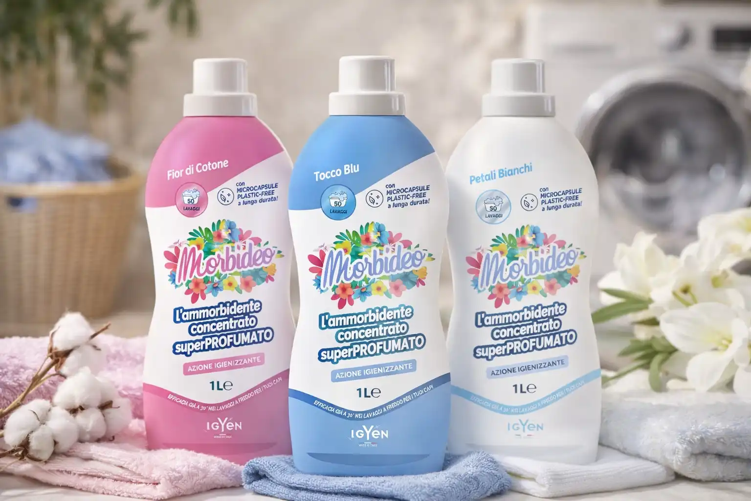 3 Morbideo Ammorbidente Concentrato 1L Fior Cotone Tocco Blu Petali Bianchi