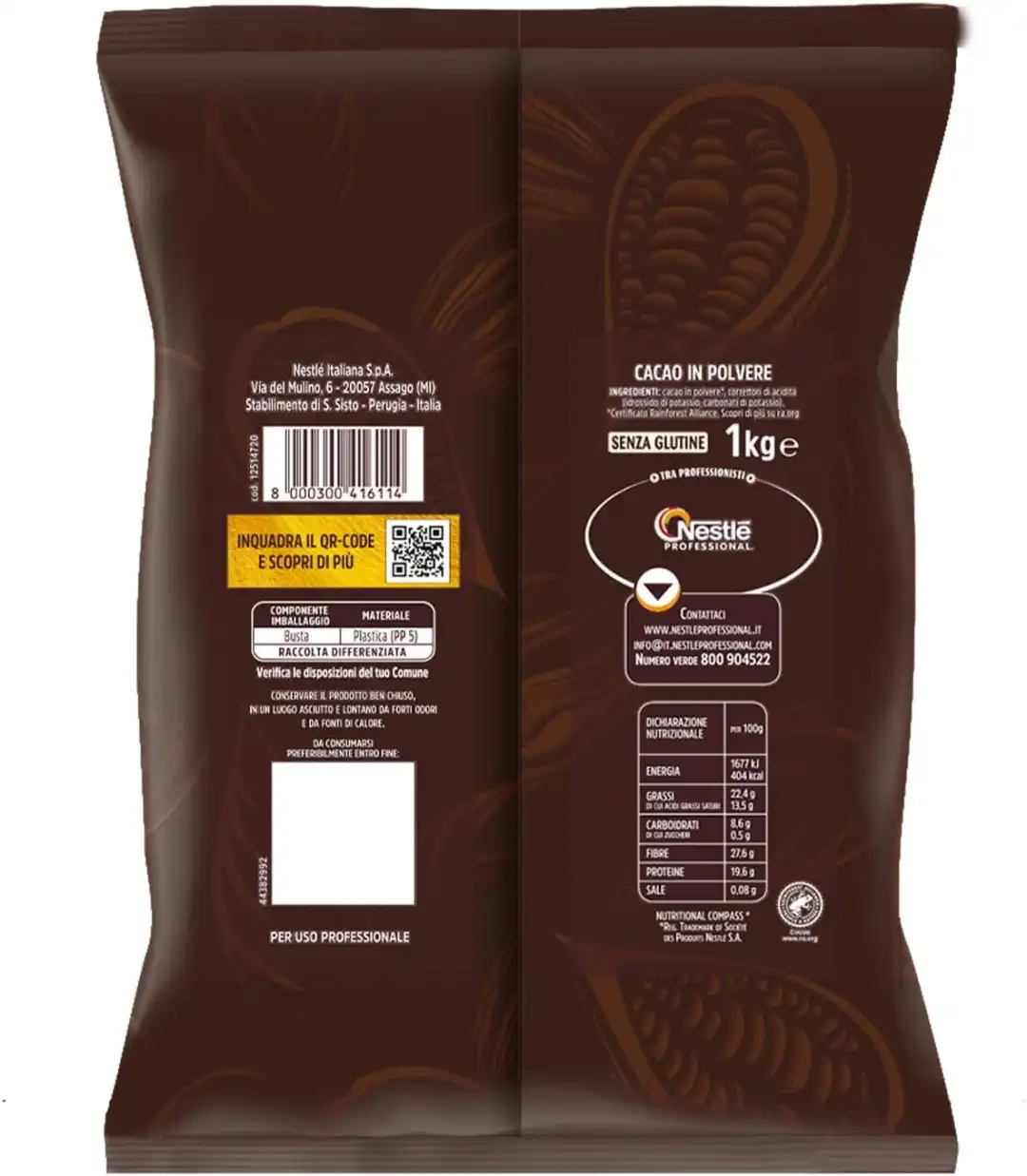 Perugina Cacao in Polvere Professionale 1Kg Cacao Amaro Senza Glutine