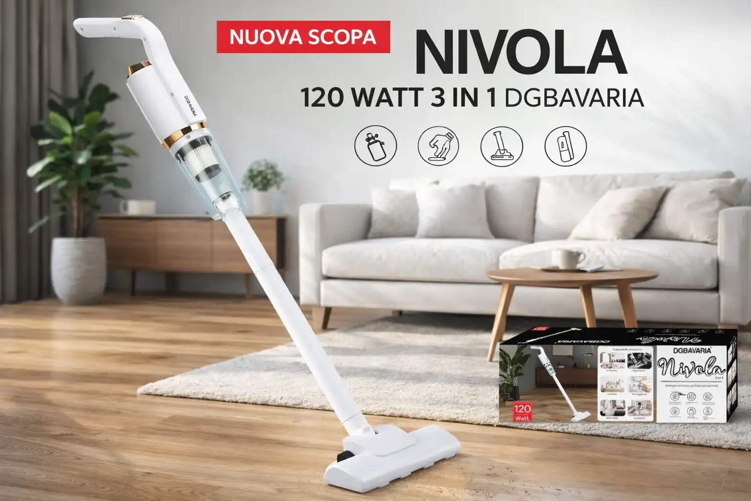 Scopa Elettrica Nivola 3in1 120W DGBAVARIA Aspirapolvere Senza Fili Casa