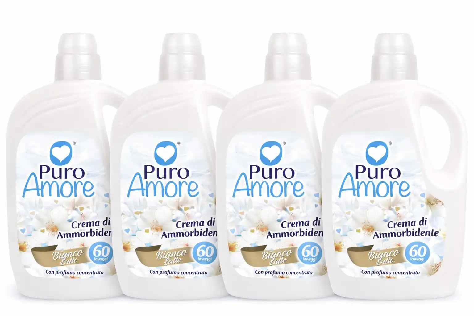 4x Puro Amore Ammorbidente Bianco Latte 3L 60 Lavaggi Profumo Bucato