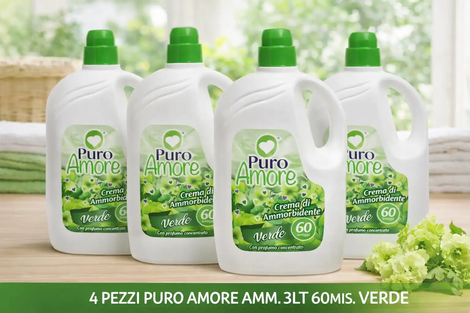 4x Puro Amore Ammorbidente Verde 3L 60 Lavaggi Profumo Fresco Bucato