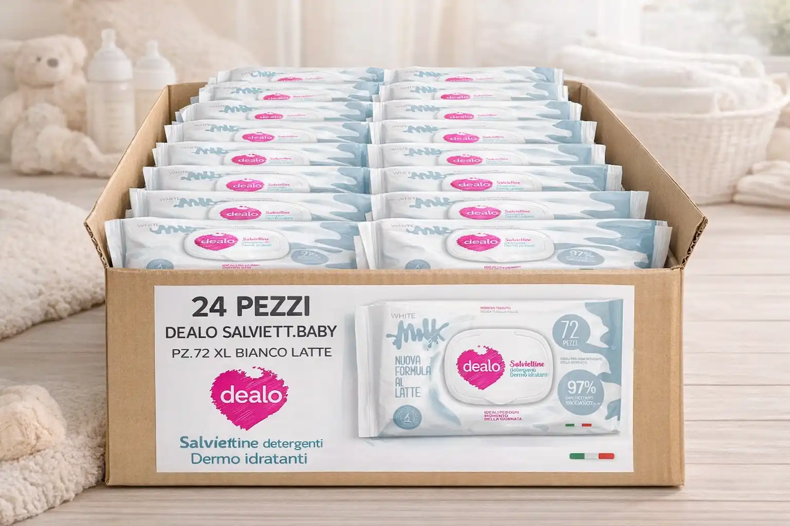24x Dealo Salviettine Baby XL 72pz Bianco Latte Delicate Igienizzanti