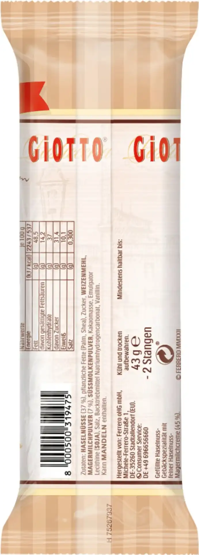 10x Ferrero Giotto Nocciola T2 21,5g Snack Dolce Croccante Praline Italiane