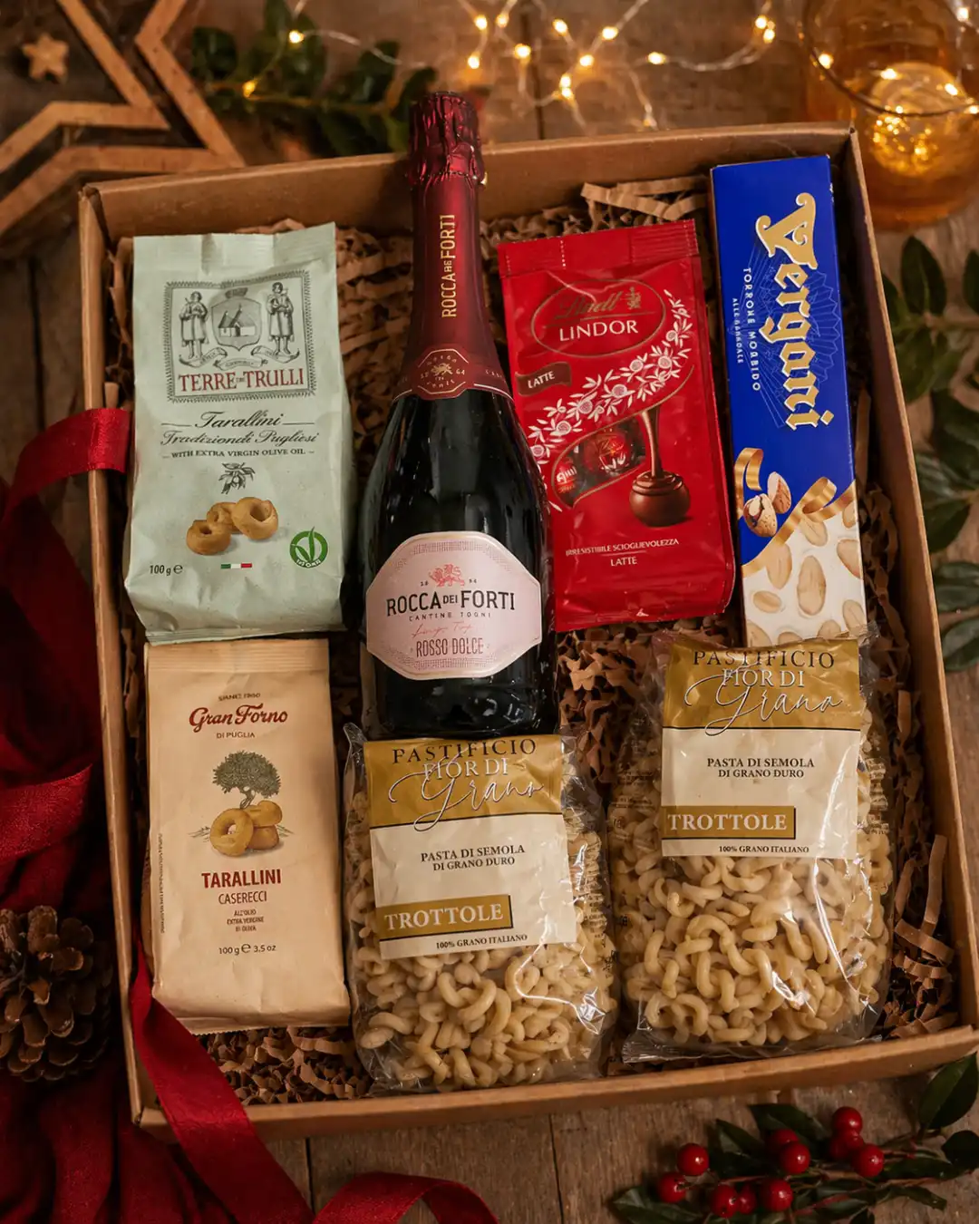 Box Regalo Gourmet Vino Dolce Pasta Taralli Torrone Cioccolatini Mix Italia