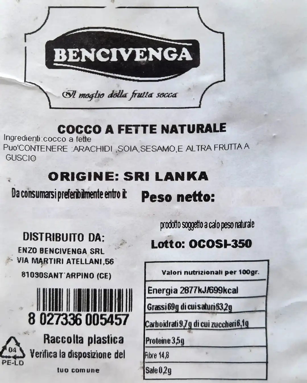 Cocco Naturale A Fette 1Kg Origine Sri Lanka Snack Frutta Secca Naturale