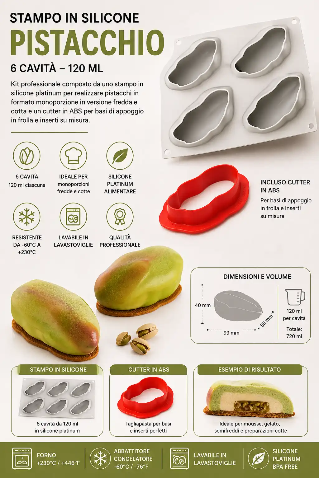 Stampo Silicone Pistacchio 6 Cavita 120ml Frutta Realistica Con Cutter Pro