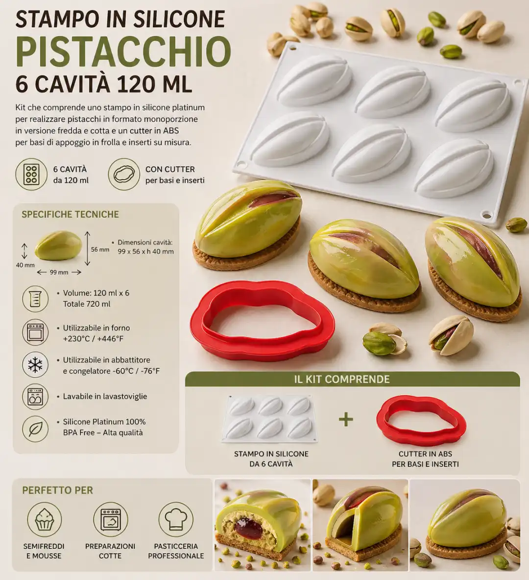 Stampo Silicone Pistacchio 6 Cavita 120ml Frutta Realistica Con Cutter Pro