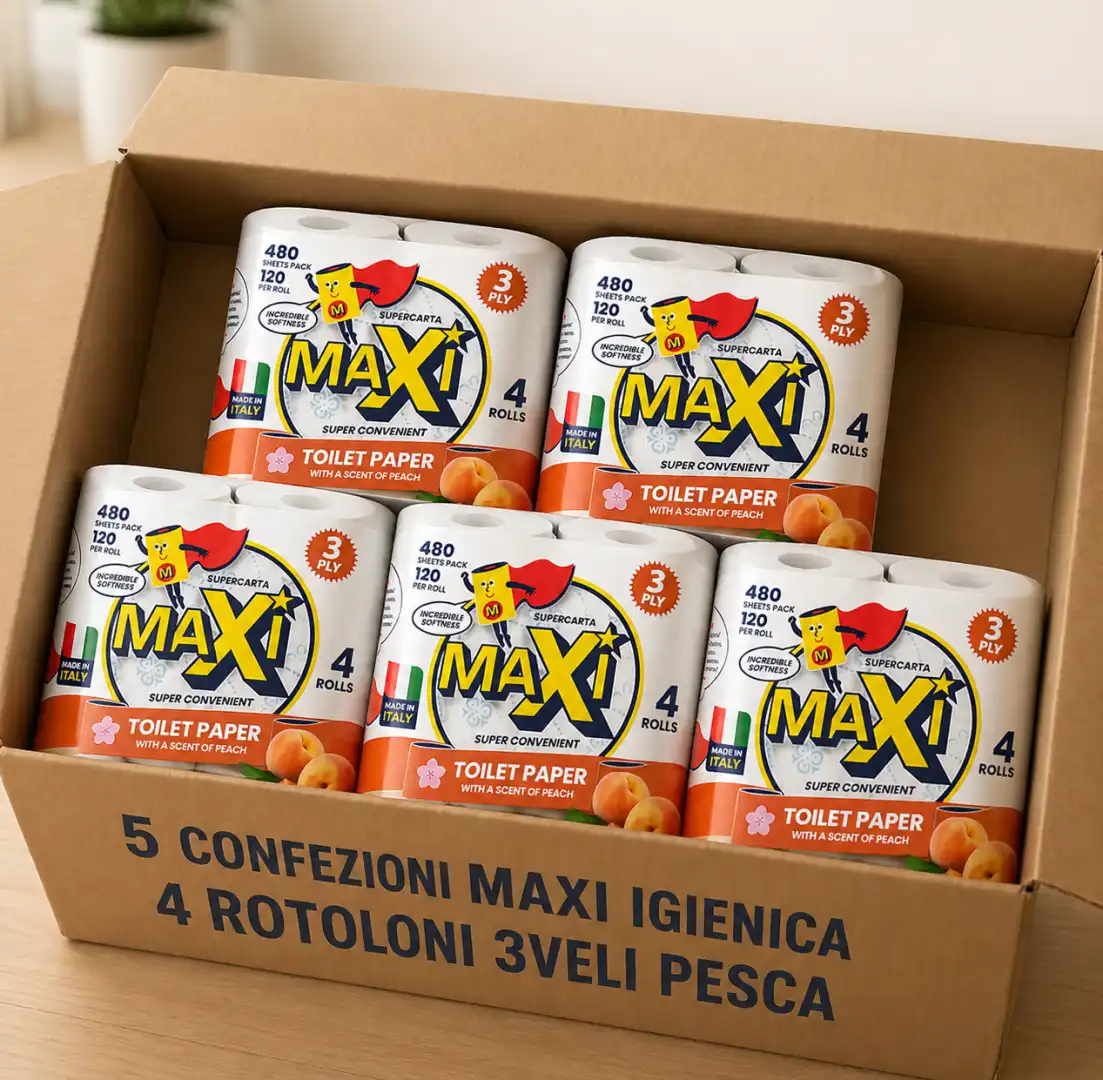 5 Confezioni Maxi Carta Igienica 4 Rotoloni 3 Veli Profumo Pesca Super Soft 3Ply