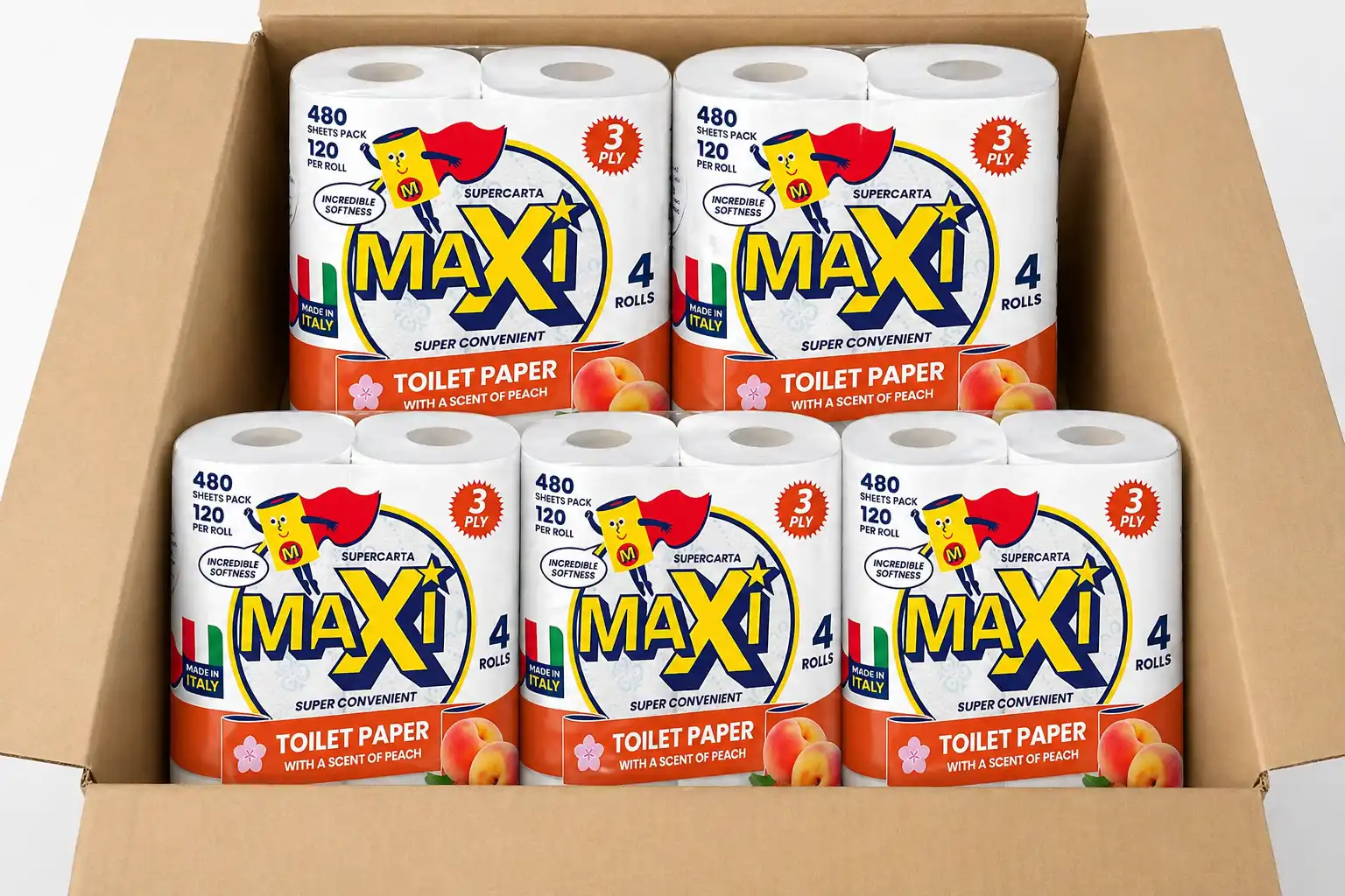 5 Confezioni Maxi Carta Igienica 4 Rotoloni 3 Veli Profumo Pesca Super Soft 3Ply