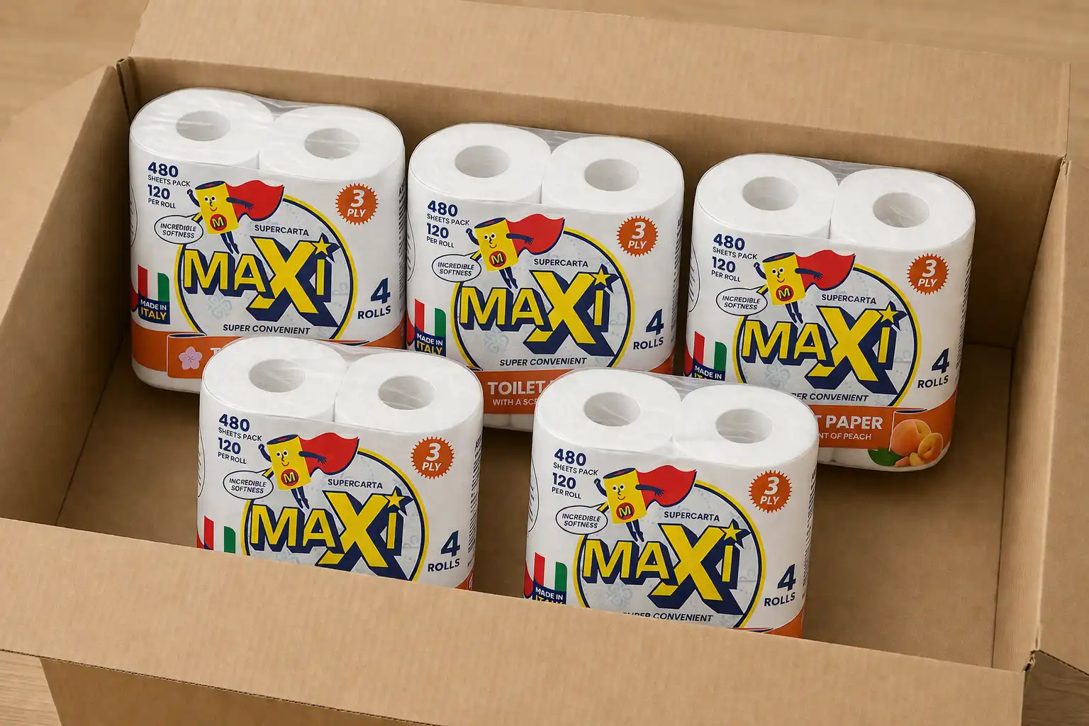 5 Confezioni Maxi Carta Igienica 4 Rotoloni 3 Veli Profumo Pesca Super Soft 3Ply