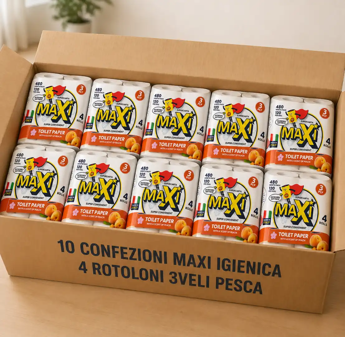10 Confezioni Maxi Carta Igienica 4 Rotoloni 3 Veli Profumo Pesca Super Soft