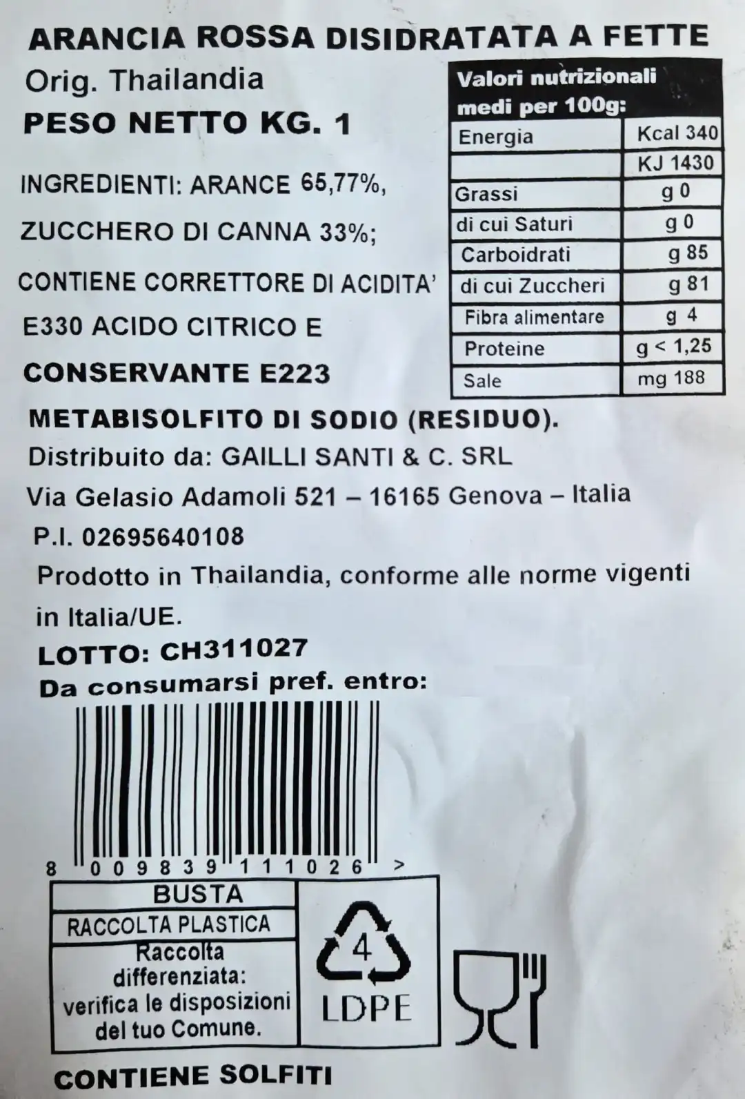 Arancia Rossa Disidratata A Fette 1Kg Snack Dolce Origine Thailandia